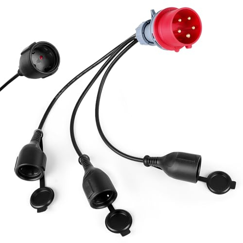CEE Adapter Starkstrom Verteiler 16A 400V auf 230 V X 3Schuko Kupplung,Camping Stecker Adapter mit Stecker Verlängerungskabel CEE-Adapterleitung für Caravan, Baustelle, Industrie & Außenbereich