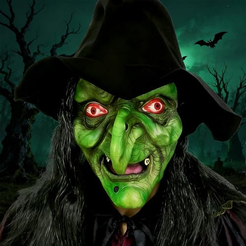 YGVQN Halloween Horror Hexenmaske aus Latex, Gruselige Alte Frau Hexenkopfmaske mit Schwarzem Haar & Hut, Für Erwachsene Halloween Cosplay Requisiten, Passend zu Grusel Party Haunted Haus Dekoration