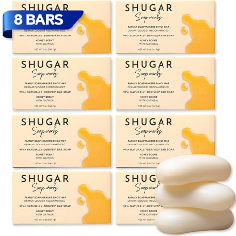Shugar Soapworks Oatmeal & Honey 5 oz Beauty Bar Soap 8-Pack | Plant-Based Vegan Formula | Sulfate & Paraben Free | Gentle Exfoliating Cleanser with Finely Ground Oatmeal Flakes