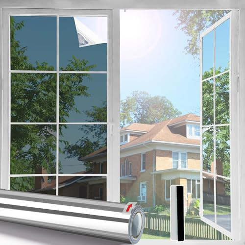 Linarun Reflective Window Film 80x400 Window Film Privacy Film for Glass Windows Daytime One Way Mirror Effect See Out Not In Heat Reflective Anti Glare Blocking UV, Silver Vinyl, Static Cling
