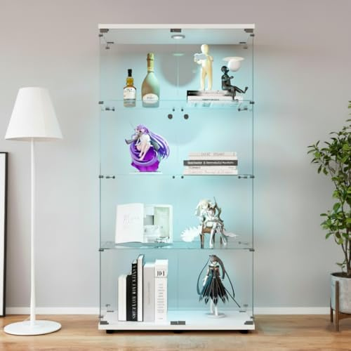Solisburne Vitrine, Glasvitrine (H164cm) mit 12-Farbiger LED mit 2 Glastüren abschließbar und Verstellbare Fächer Sammlervitrine für Wohnzimmer, Schlafzimmer, Büro, Gehärtetes Glas, Weiß