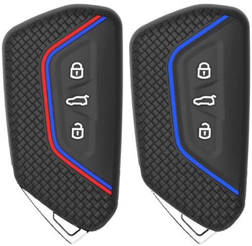 2 Stück Autoschlüssel Hülle Kompatibel mit VW Golf 8, Skoda, SEAT, Cupra, TPU 3 Tasten Auto Schlüssel Hülle, Schutzhülle Silikon Schlüsselhülle Cover (Rot+Rot Blau)