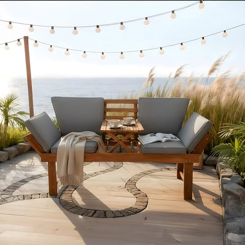 Riess Ambiente Outdoor Garten Sitzbank MODULAR - 200cm - Natur - Akazie mit Tisch inkl. Kissen klappbar Gartenbank Bank