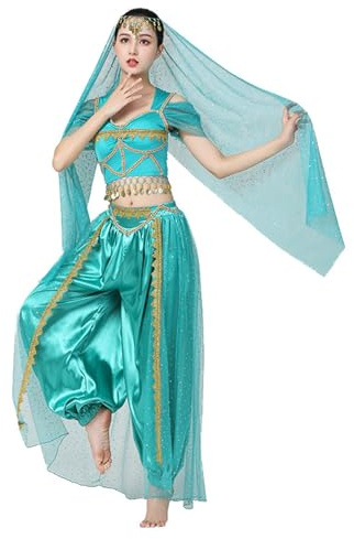 X-Institute Conjunto de disfraz de danza del vientre, pantalones Haroun con parte superior de moneda, velos, disfraz de Halloween, trajes de danza del vientre para fiesta de disfraces, trajes de danza