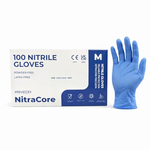NITRACORE Blue Nitrile Gloves Medium – Disposable Powder Free Gloves – Latex Free, Food Safe – Cleaning, Kitchen & Industrial Use – Box of 100