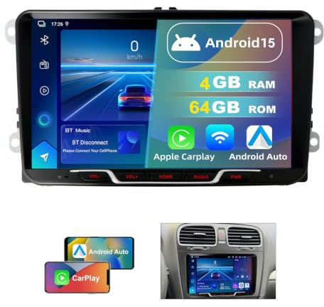 DVRMEDIA 4GB+64GB Android 15 Autoradio mit 9 Zoll Touch Display für Golf MK6 2008-2013 Din 2, Bildschirm mit Wireless Apple CarPlay & Android Auto, 1080P Rückfahrkamera, WiFi, DSP, RDS