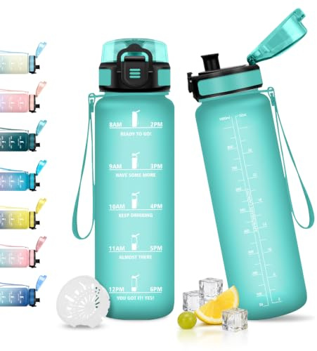 JAPORIA Trinkflasche 1L, Sportflasche Kohlensäure Geeignet, Trinkflasche mit Filter, Wasserflasche mit Zeitmarkierung, Sportflasche für Reisen, Outdoor, Fitness