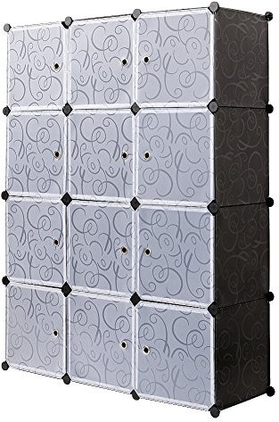 Mondeer Schrank Würfel 184 x 37 x 147 cm, Tragbar, Modular, mit Stange zum Selbermachen, Kleiderschrank, Kombiniert, Platzsparend, Kunststoff, Organizer, Würfel, Garderobenständer, 12 Würfel, Schwarz