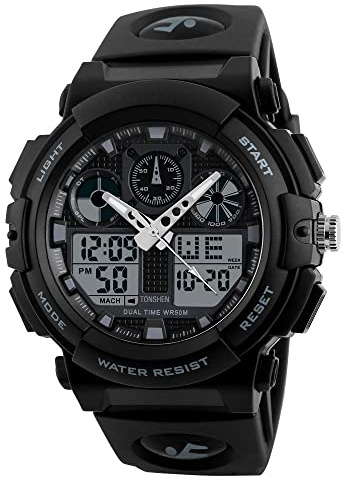 TONSHEN Relojes de Pulsera Hombre Digitales Impermeable 50M Resistente Agua Multifuncional Analógico Cuarzo Outdoor Deportivos Militares Táctica Plástico Bisel Y Correa Goma Reloj (Negro)