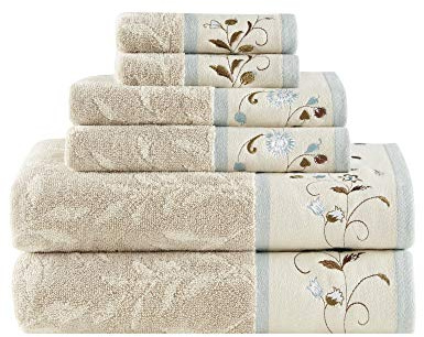 Madison Park Serene Badetuch-Set aus 100% Baumwoll-Jacquard, luxuriöse Blumenstickerei, dekorative Handtücher für Bad, weich, sehr saugfähig, für Dusche, 600 g/m², Verschiedene Größen, Blau, 6 Stück