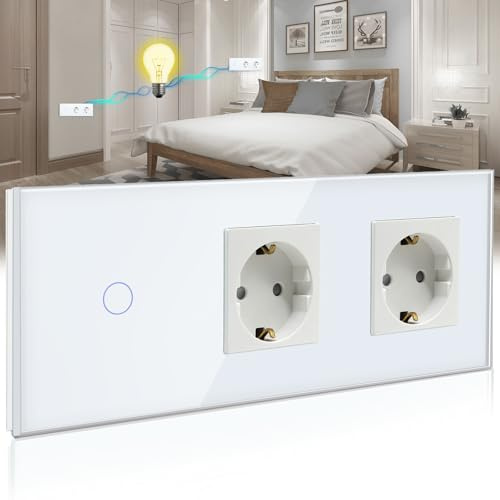 BSEED Interruptor con Enchufe Doble,1 Gang 2 Vías Interruptor Tactil de Luz Pared y 16A 250V Schuko Enchufe Pared Doble con Panel de Vidrio, Blanco