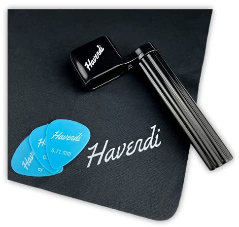 HAVENDI® Premium Saitenkurbel mit 3 Plektren und Gitarren-Putztuch | Saitenspindel für schnelleres Saiten wechseln. Westerngitarre, Akkustikgitarre, Konzertgitarre und E-Gitarre