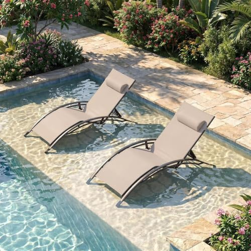PURPLE LEAF 2er-Set Sonnenliege XXL 5-Fach Verstellbar Wetterfest, Beige | Gartenliege, 5-Fach Verstellbar, Rust-Resistant Alurahmen, Textilene, Schnelltrocknend, Verstellbares Kissen, Beistelltisch