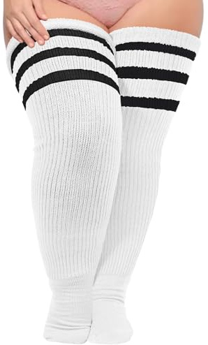 Plus size lårhöga strumpor för tjocka lår- extra långa randiga tjocka över knästrumpor - benvärmare stövelstrumpor, Vitt och svart, Large Plus