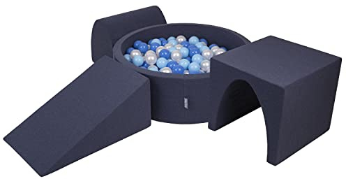 KiddyMoon Spielplatz Aus Schaumstoff Mit Rund Bällebad (200 Bälle) Ballgruben Für Babys Spielbad Hindernisläufen, Hergestellt In Der EU, Dunkelblau:Babyblue/Blau/Perle