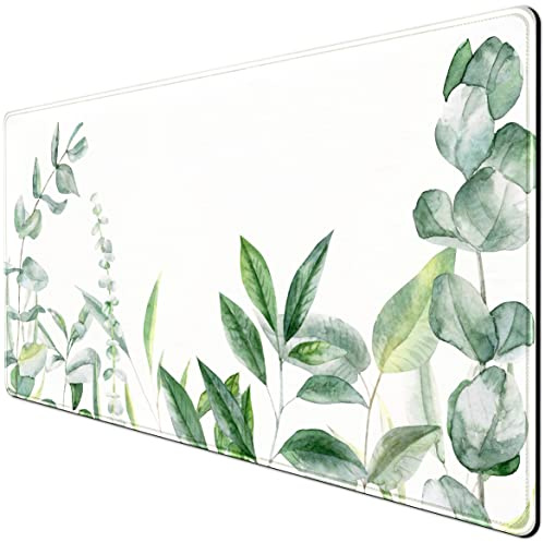 Großes Mauspad mit Eukalyptusblättern, grüne Pflanzen, erweitertes Gaming-Mauspad, Blatt-Schreibtischunterlage mit genähten Kanten, XXL-Größe (80 x 40 cm), kabellose Maus, Tastaturmatte für Desktop