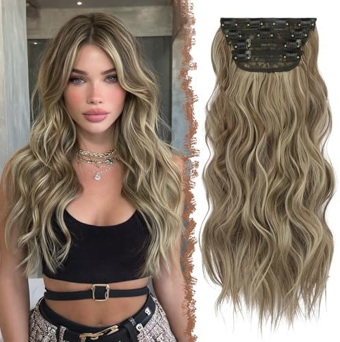 FESHFEN Clip in Extensions, 4PCS Haarverlängerungen mit Clips Synthetik Gewellte Haarextension Hellbraun Gemischt Aschblond Wavy Wellig Haar Extensions Clip in Haarteil für Frauen 50 cm