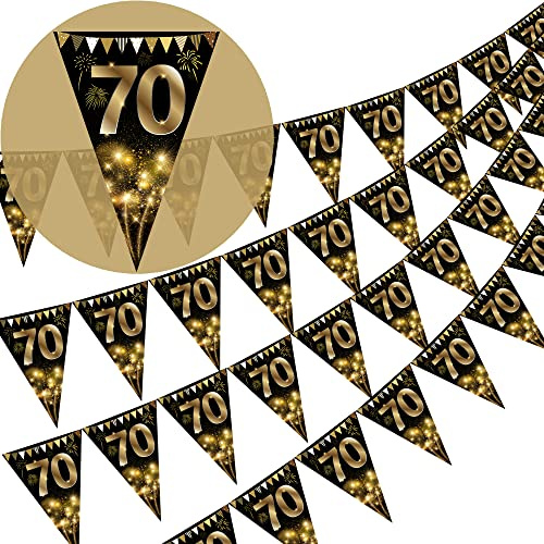 Wimpelkette Happy 70th Birthday, goldfarben und schwarz, Glitzer, Geburtstag, Jahrestag, Party, Dekoration, Zubehör, Dreiecksflagge, Banner für Männer und Frauen, 40 Stück