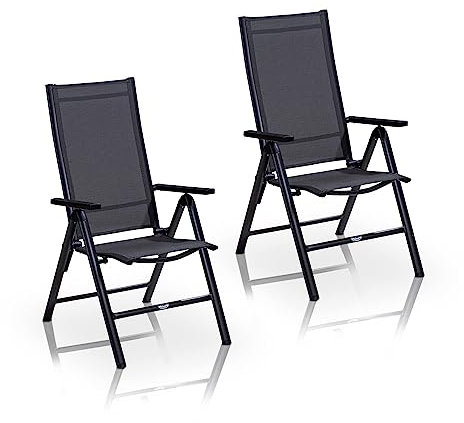KHG Gartenstuhl Hochlehner 2er Set Alu Klappstuhl, 8-Fach verstellbare Rückenlehne mit Armlehne, Anthrazit Grau wetterfest rostfrei, 120 kg belastbar, Balkonstuhl, vormontiert, Kunststoff Gewebe