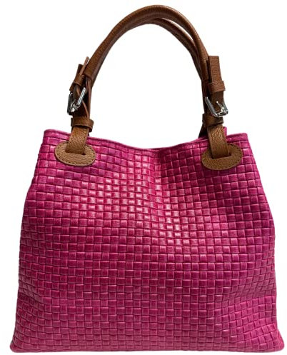 Modarno Sac à main imprimé tressé pour femme avec bandoulière en cuir véritable - 33 x 17 x 29 cm, fuchsia, 33x17x29 Cm