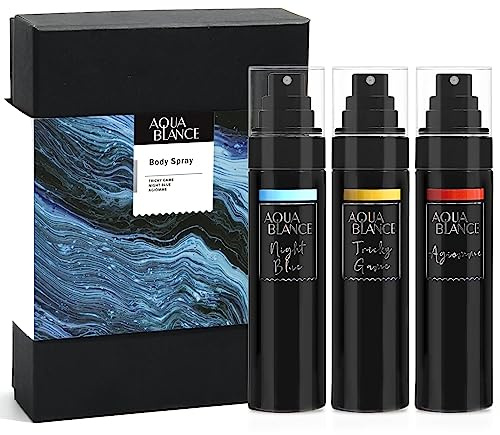 AQUA BLANCE Body Spray For Men, Mens Body Spray, Deodorant For Men Refreshing Fragrance Mist, Pack of 3, Each 3.4 Fl Oz, Tricky Game, Blue, Agiomme