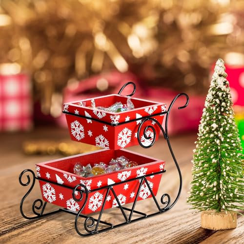 Ziliny Vassoio da portata a 2 livelli con slitta di Babbo Natale, decorazioni natalizie per casa, inverno, vacanze, cucina, tavolo, decorazione per feste di Natale, legno rosso e metallo