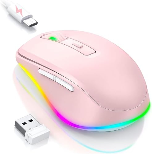 Seenda Souris LED sans fil rechargeable avec Jiggler, silencieuse 2,4 G USB, pour ordinateur portable, ordinateur – DPI 2000 éclairé pour PC, Windows, Mac OS (rose)