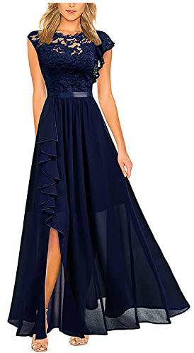 Dyhxuan Abendkleid Damen Lang Elegant Spitze Cocktailkleid Einfarbige Maxikleid Rundhals Mittelarm Hochzeitskleid Reißverschluss Brautkleid Brautjungfern Kleid Slim Fit Abiballkleid Partykleid