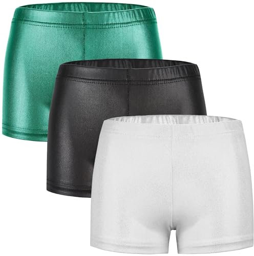 Happy Cherry Mädchen Kinder Turnshorts 3 Stück Metallic Glänzend Kurze Leggings Dehnen Gymnastik Shorts Sportshorts für Yoga Tanz Latino Pilates Joggen 140