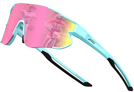 ATTCL XQ548 - Gafas de sol de béisbol para niños y adolescentes, ligeras, UV400, gafas de ciclismo para niños y niñas, Marco azul y lente rosa, Medium