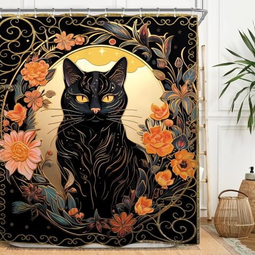 Miyotaa - Juego de cortinas de ducha góticas misteriosas de gato, 60 pulgadas de ancho x 71 pulgadas de Alto, Tarot, Flores brujosas, plantas Florales, botánicas, Impermeables, Con 12 ganchos