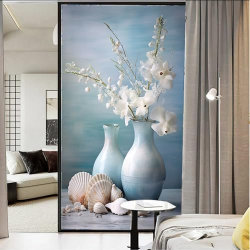Sichtschutzfolie für Fenster, Vintage-Stil, Motiv: Blumen, Muscheln, Buntglas, statisch haftende Fensterfolie für Zuhause, Büro, Geschäfte, 45 x 50 cm