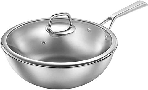 OQHAIR Titan-Wok – Reiner, unbeschichteter Wok mit flachem Boden/Verbundmaterial, effiziente Wärmeleitung, mit Deckel (Silber) – 32 cm