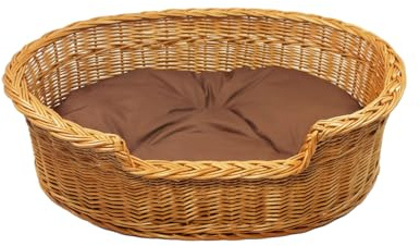 Damian-Wiklina Handgeflochtenes Weidenkorb-Tierbett für Hunde und Katzen aus Naturweide, Größe 63 × 46 cm, niedriger Einstieg 13 cm und erhöhter Rücken 19 cm, inklusive Kissen in Braun