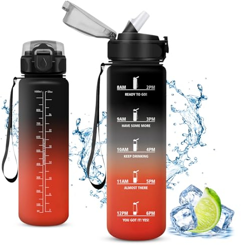 Vikaster Gourdes, Gourde avec Paille 1litre, sans BPA, Étanche & Réutilisable, Water Bottle Ouvrir en Un Clic, Convient pour la Gym, Le Yoga, Le Camping, Randonnée, B-Noir+Rouge