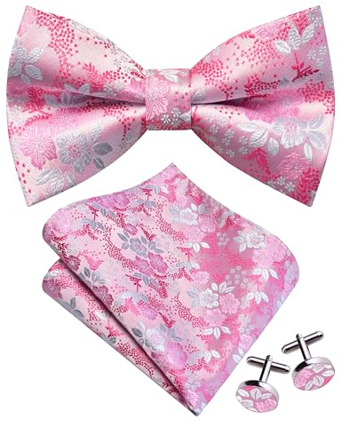 Gusleson Mens Floral Bow Tie Handkerchief Jacquard Woven Adjustable Pre-Tied Bowties Pocket Square Cufflinks Set