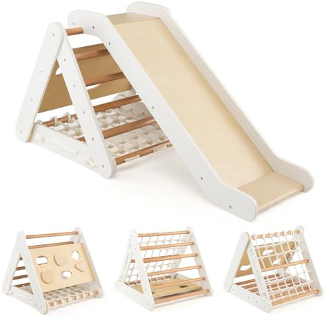 HOMASIS Jeu d'escalade pour Enfants avec Toboggan, Aire de Jeux Intérieure en Bois pour Enfants, Triangle d'escalade Montessori pour Enfants de 1+ Ans, Capacité de 60kg (Blanc)