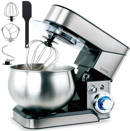 briebe Batidora Amasadora Repostería 1800W MAX, Robot Cocina Profesional, Movimiento Orbital, Varillas, Gancho Masa, Pala Mezcladora, 5 L, 6 Velocidades + Función Pulso, Inox KM1114