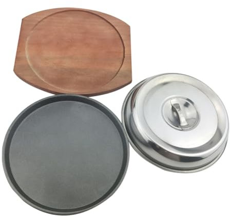 OKUMEYR Plaque de Barbecue Ronde 21 Cm en Fer Planche en Bois Rouge, Ustensile Cuisine Polyvalent pour Steak, Légumes et Fruits de Mer, Plat de Service pour Barbecue Extérieur et Restaurant