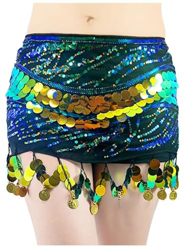 Amxleh Hüfttuch Schwarz Damen Chiffon Bauchtanz Rock Gürtel Goldmünze Taillenkette Hüfttuch Belly Dancer Bauchtanz Performance Feier Kostüm Zubehör Rock Pailletten Rock Stilvoll Glitzer Karneval Rock