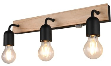 Badezimmer Wandleuchte 3-flammig mit Schalter und Holz, Breite 45cm