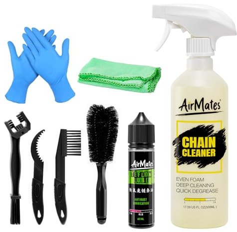 Airmates Bike Chain Cleaning Kit: Including Bicycle Chain Cleaner Degreaser, Cycling Chain Lube, Cleaner Brush Tool and Gloves Suitable for MTB Ebike Road Bike and Trail Bikes