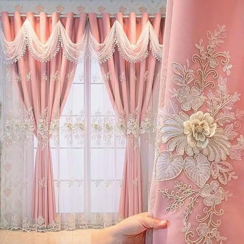 Amidoudou 1 Paar Luxus Europäische Vorhänge Mit Gewelltem Valance Für Wohnzimmer Schlafzimmer Doppelschicht Bestickte Vorhänge (Rosa,H260 x B140 cm (2er Pack))