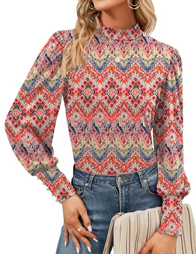 Tisfeer - Blusa de cuello redondo con mangas largas y abullonadas para mujer, camisa casual con puños abotonados, túnica de otoño para mujer, M