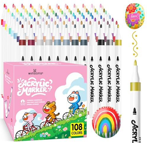 WINSONS Acrylic Paint Pen Fine Tip, 108 Colours Non-Toxic Marker | Non-Bleeding, Permanent for Multi-Surface, Handicrafts