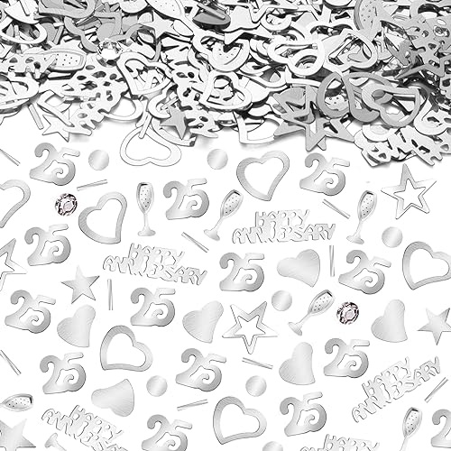 Silber Konfetti 25 Geburtstag Hochzeit Deko, Etwa 1200 Stück 25. Geburtstag Herz Konfetti Silber Streudeko Tisch Deko Tischkonfetti für 25 Jubiläen Mann Frau Hochzeit Party Dekoration