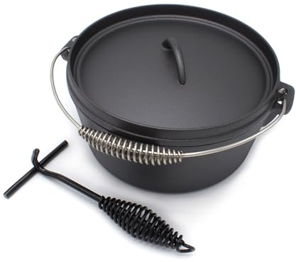Rin & Rut Dutch Oven aus Gusseisen - 25 cm, 3.9L I Temperaturbeständig bis 400°C, mit Flanschdeckel, Pfannenfunktion & Deckelheber I Für Schmoren, Kochen & Grillen über offenem Feuer