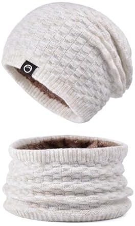 WANYI 2 in 1 Winter Mütze Schal Set Damen Wintermütze Warme Strickmütze Beanie Mütze mit Weiches Innenfutter 55-60CM