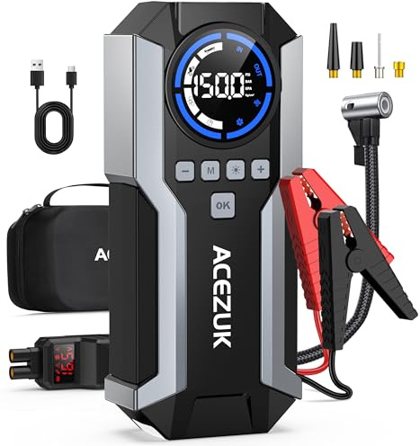 Jump Starter Power Pack with 150PSI Air Compressor,12V Portable Car Battery Booster Jump Starter(All Gas/12.0L Diesel),Car Starter Power Bank, LCD Display and LED Lights
