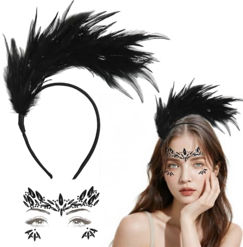 Montrestar Federn Schwarz Haarreif mit Gesicht Steinen, Karneval Schwarze Federn Haarschmuck, Gesicht Strasssteine Kopfschmuck Set für Karneval Halloween Cosplay Damen Männer Rabe Black Swan